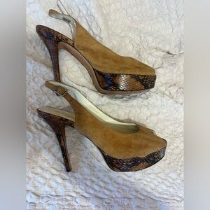 Bettye Muller peep toe slingback platform heels sandals suede snake leather 38